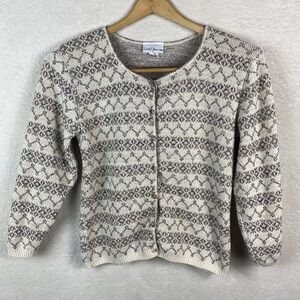 Vtg Womens Croft & Barrow Cardigan Sweater Chunky Knit Cream‎ Cotton USA Granny